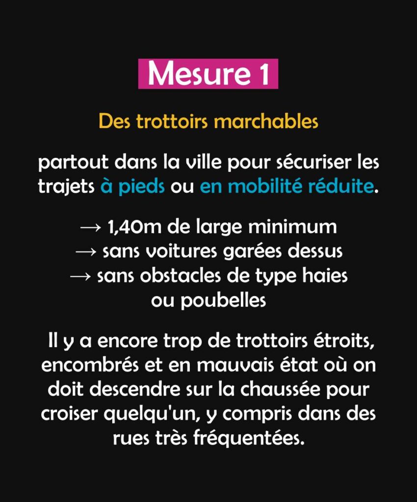 Mesure 1 : des trottoirs marchables partout dans la ville pour sécuriser les trajets à pieds ou en mobilité réduite. Soit 1,40 m de large minimum, sans voitures garées dessus et sans obstacles de type haies ou poubelles. Il y a encore trop de trottoirs étroits, encombrés et en mauvais état où on doit descendre sur la chaussée pour croiser quelqu'un, y compris dans des rues très fréquentées.
