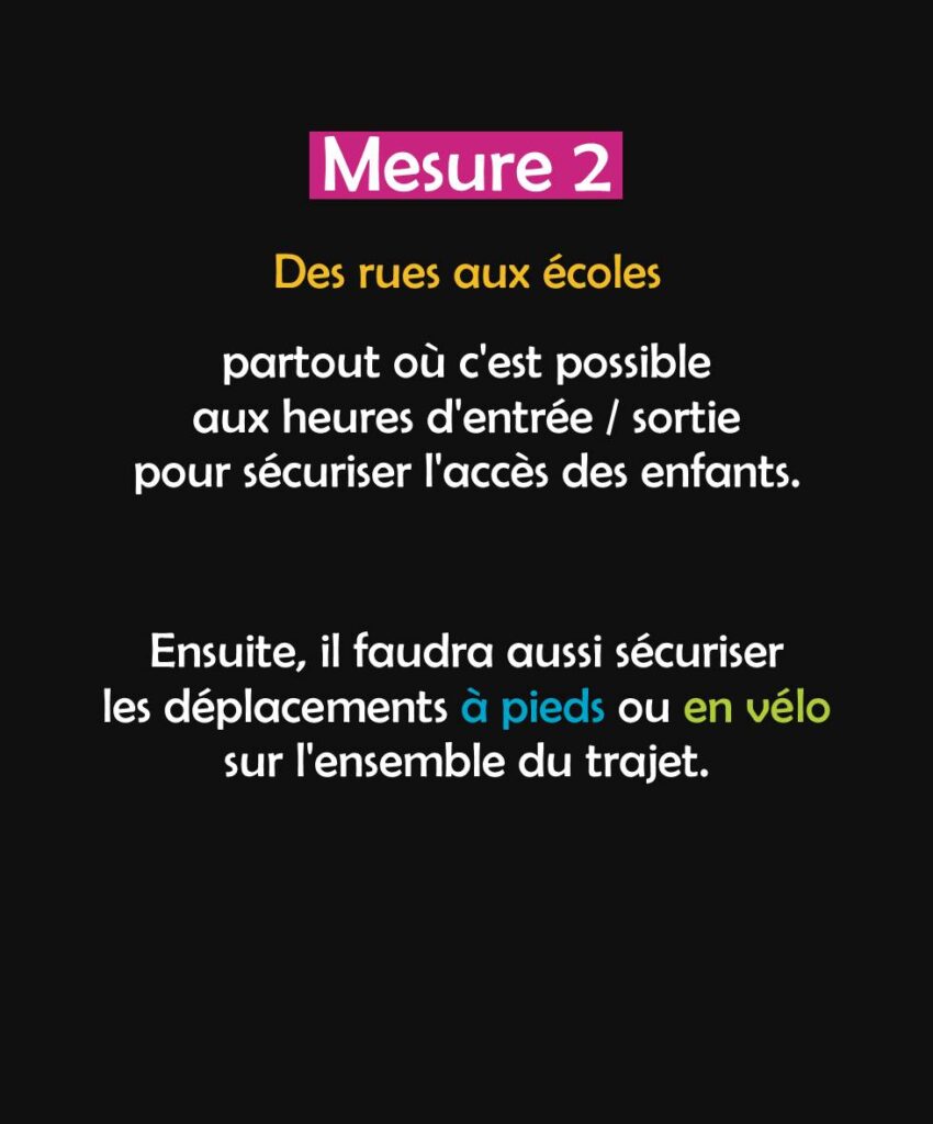 Mesure 2 : des rues aux écoles partout où c'est possible aux heures d'entrée/sortie pour sécuriser l'accès des enfants. Ensuite, il faudra aussi sécuriser les déplacements à pieds ou en vélo sur l'ensemble du trajet.