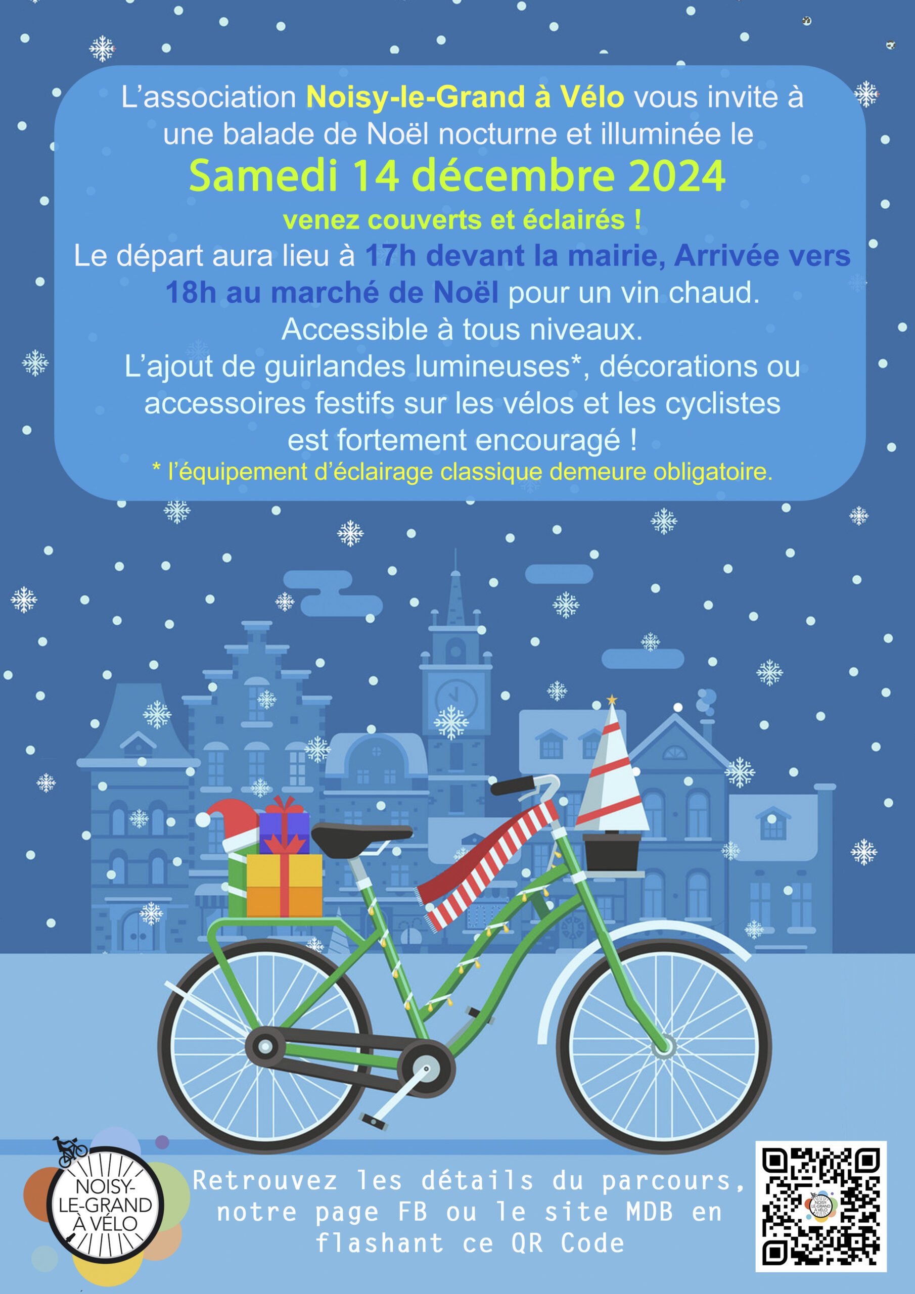 Affiche de la baladde, un vélo décoré en mode Noël sur un fond de bâtiments sous la neige.