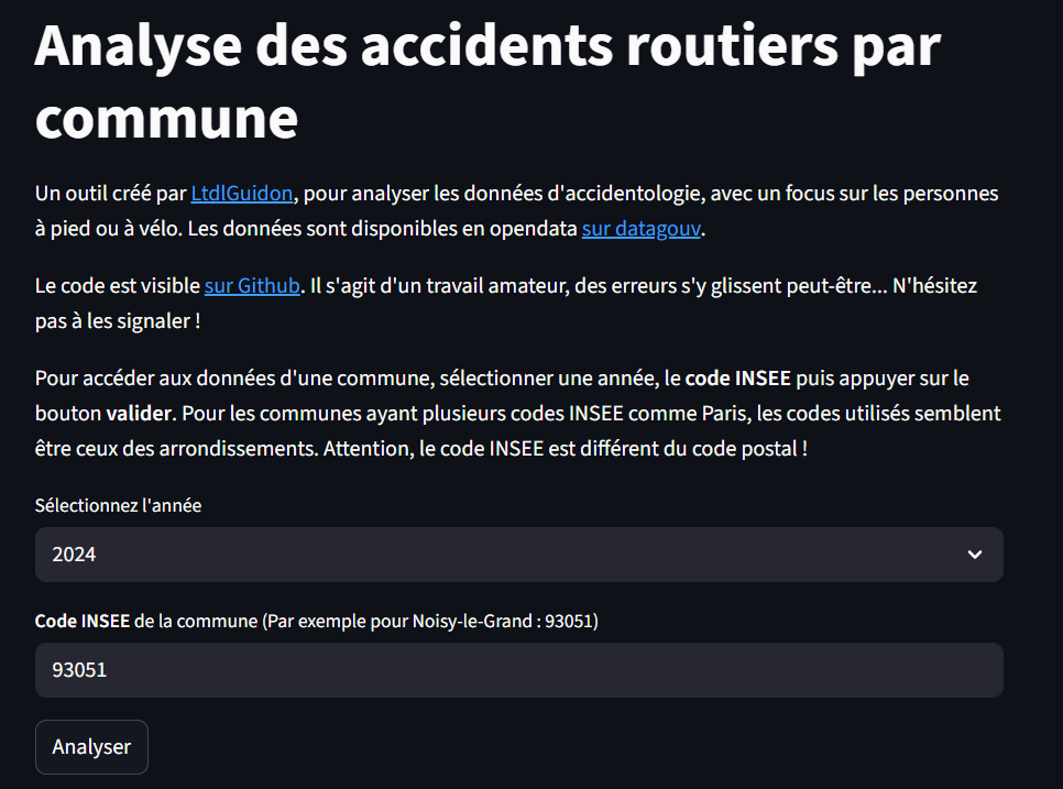 Capture écran du site internet permettant d'obtenir les statistiques d'accident par commune.